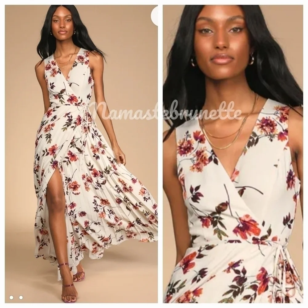Nwt Lulu's Small Boho Ivory Multi Floral Print Pleated Wrap Maxi Dress - Picture 5 of 16